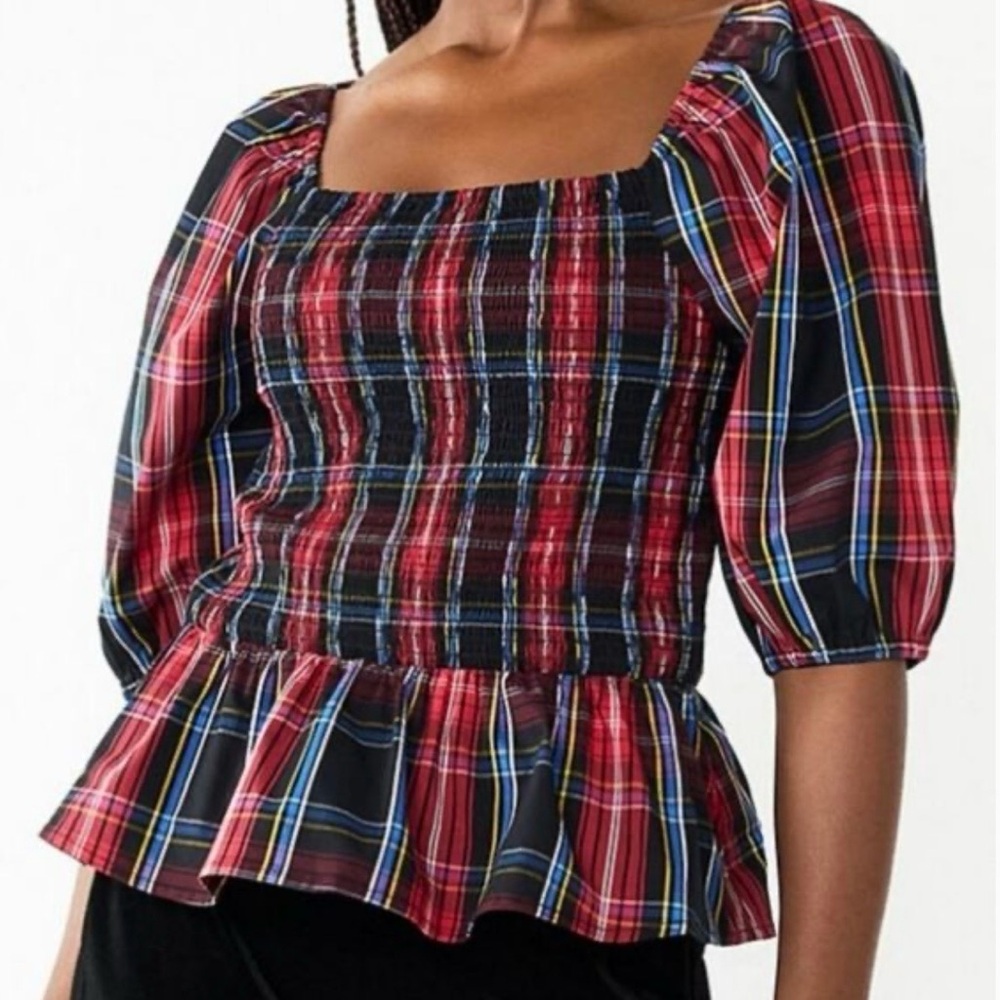 Draper James Tartan Plaid Smocked Peplum Cotton Top